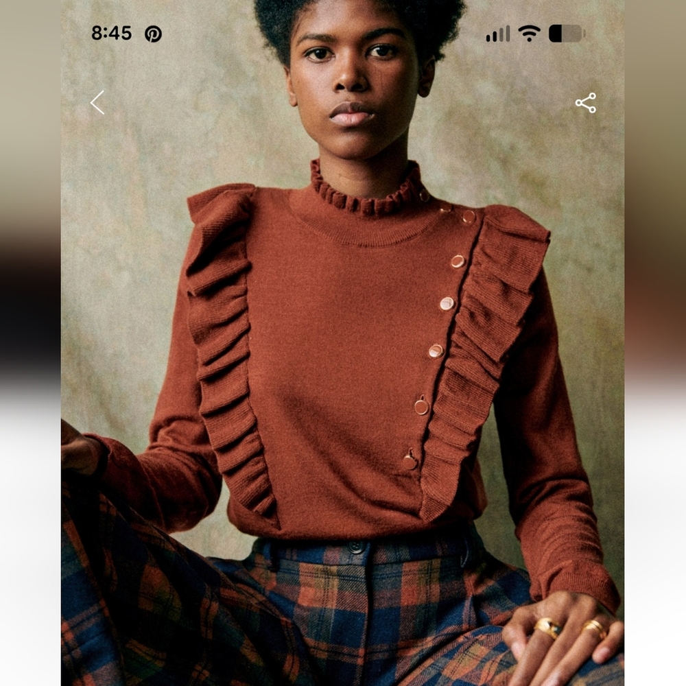 Sezane Rust Ruffle-Trim Knit Sweater